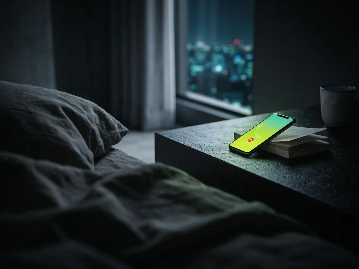 Ein Handy auf dem Nachttisch leuchtet nachts mit einem eingehenden Anruf auf